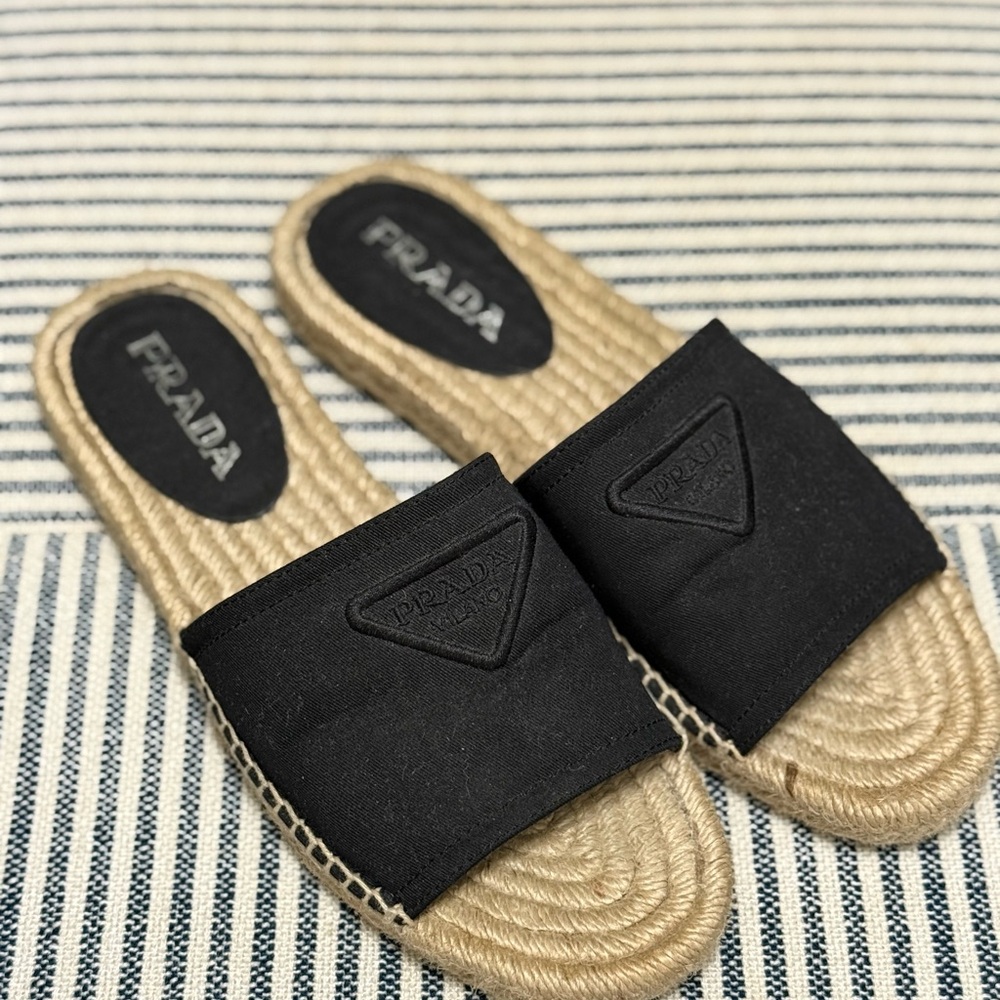 Prada Black and Tan Espadrille Mules